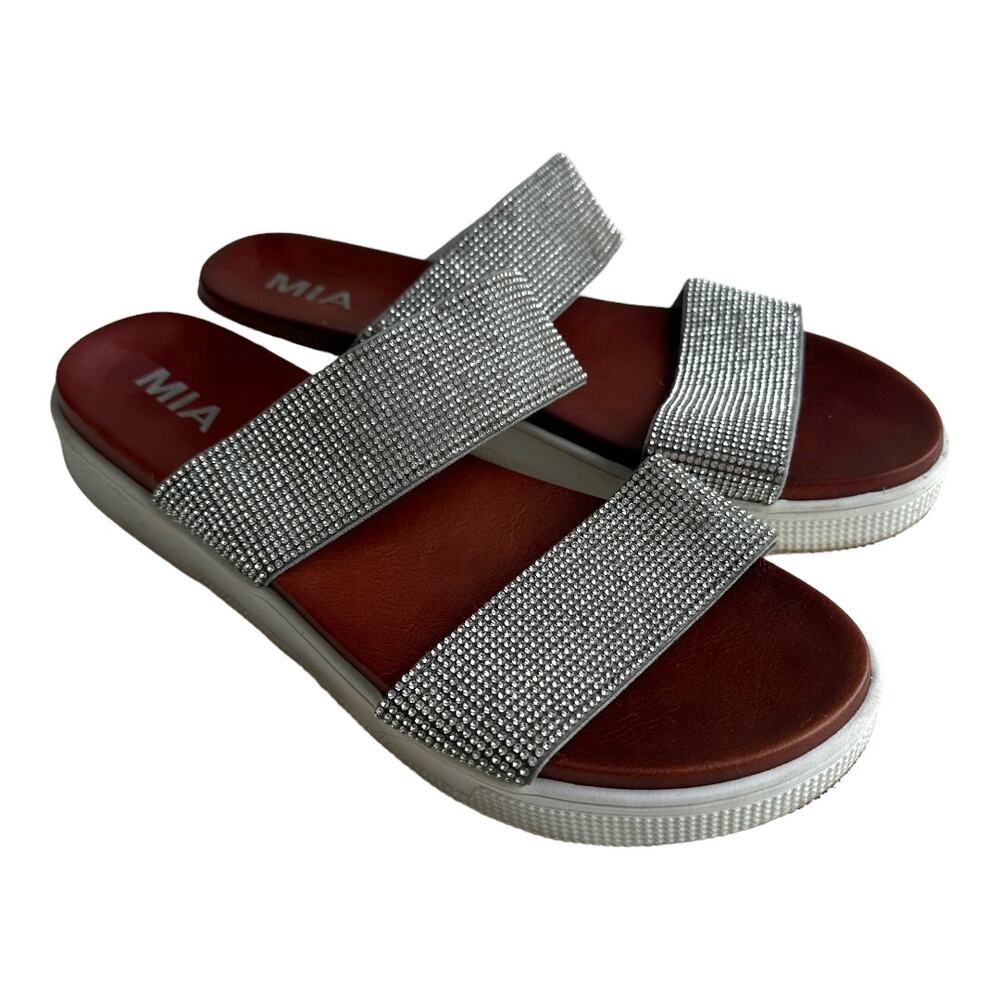 MIA Silver Bling Rhinestone Double Strap Slip On Slide Platform Y2K Sandals 8.5